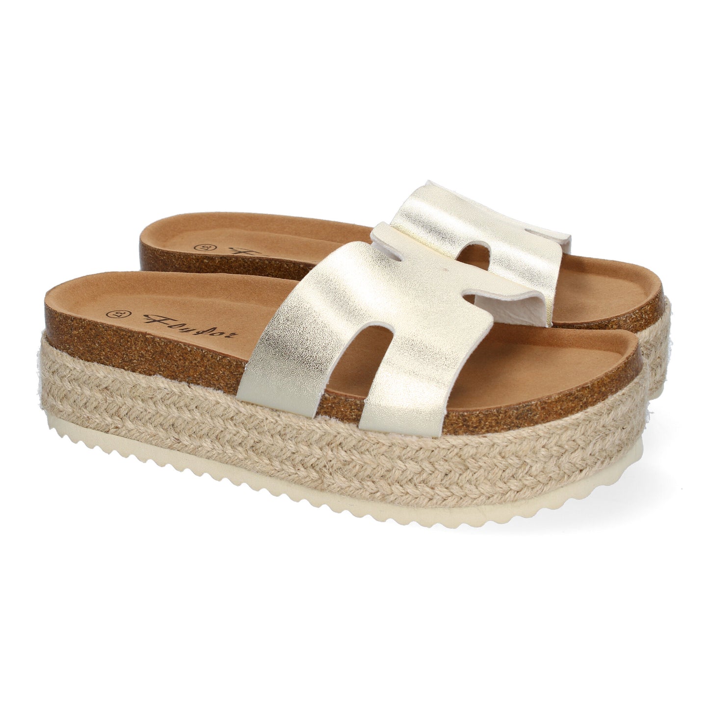 Sandalias planas Bio para mujer color oro con detalle en la pala y planta anatómica. Calzado cómodo de verano.