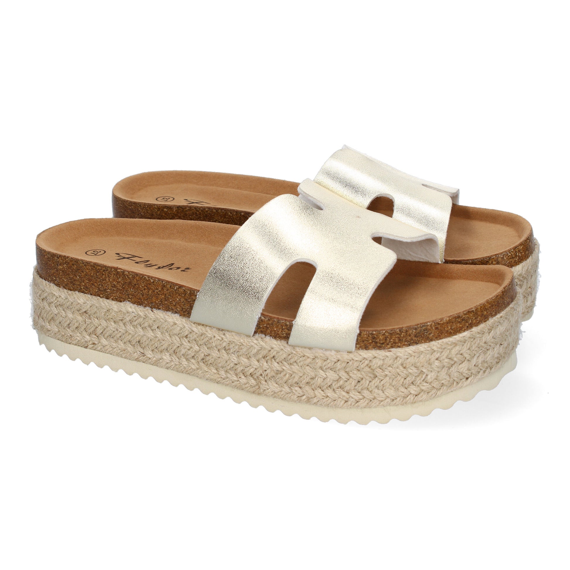 Sandalias planas Bio para mujer color oro con detalle en la pala y planta anatómica. Calzado cómodo de verano.