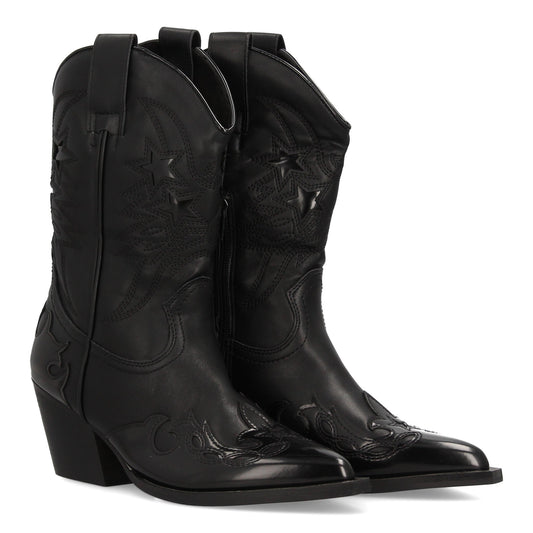 Bota cowboy negra con diseño de estrellas brillantes, punta fina y tacón ancho medio, con cierre de cremallera.