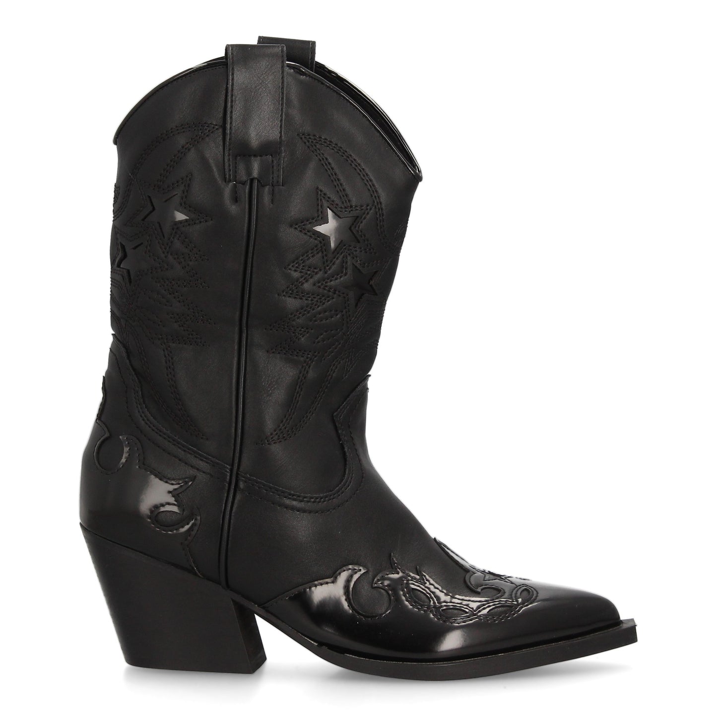 Bota Cowboy Negra con Estrellas Brillantes - Tacón Medio