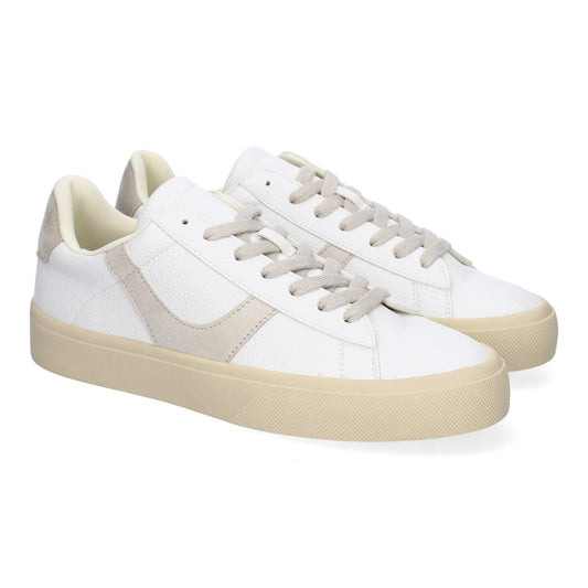 Zapatilla deportiva casual beige de mujer, cómoda, moderna, con detalles laterales y cierre de cordones.