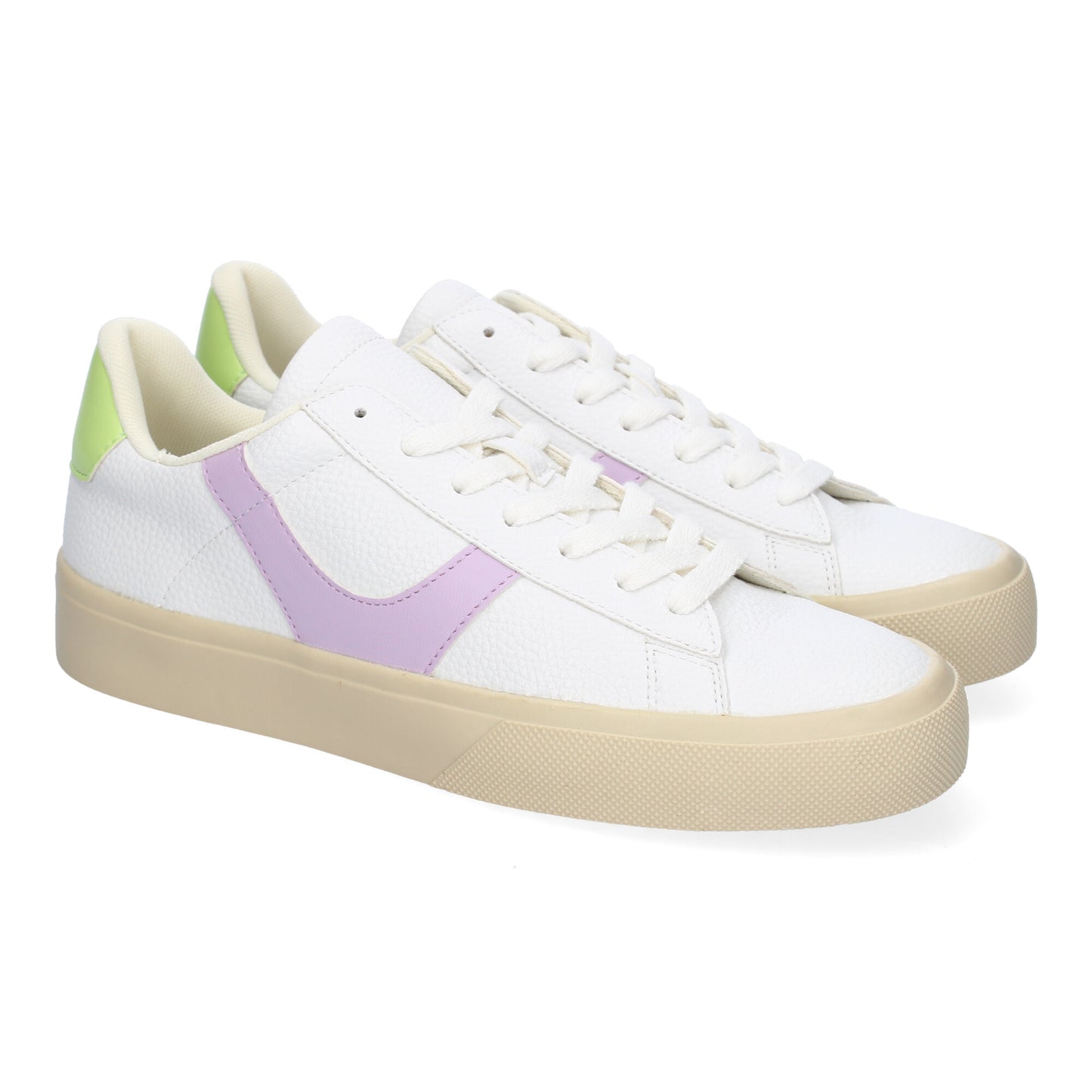 Zapatilla deportiva casual lila de mujer, cómoda, moderna, con detalles laterales y cierre de cordones.