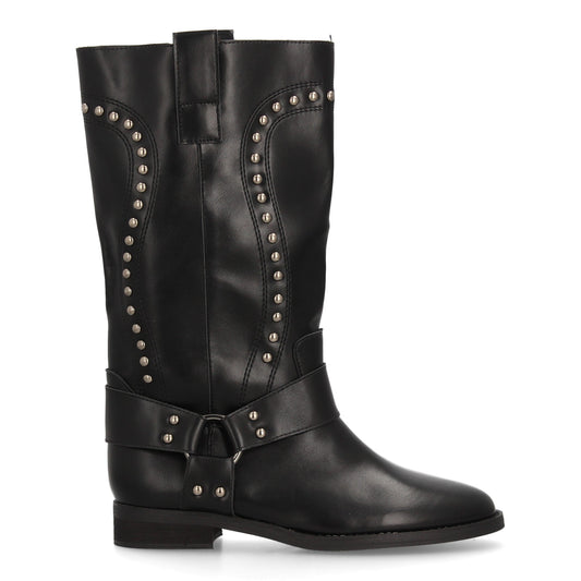 Bota Alta Cowboy Negra con Tachuelas y Arnés Decorativo