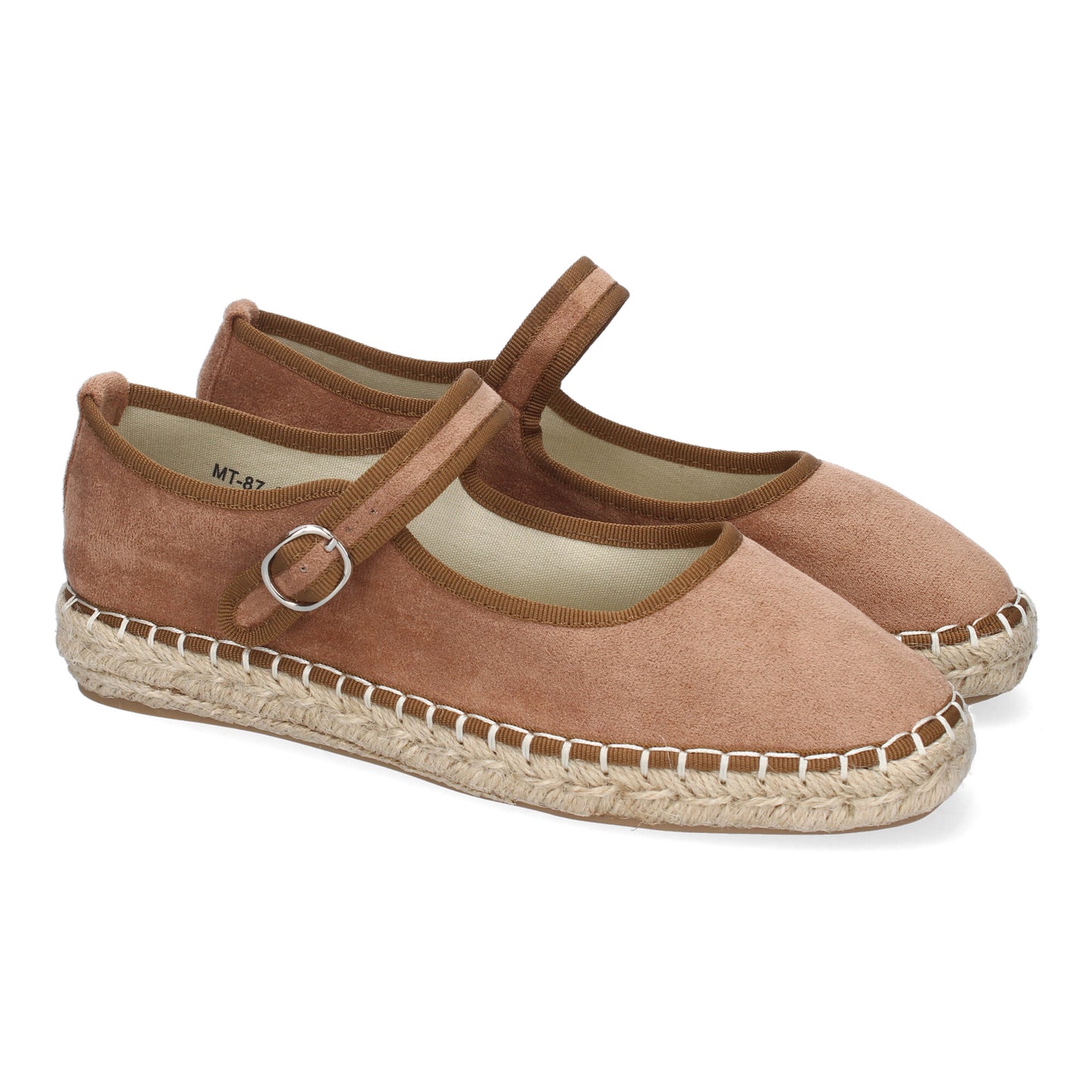 Bailarina alpargata kaki de yute, punta redonda, cómoda y con cierre de hebilla.