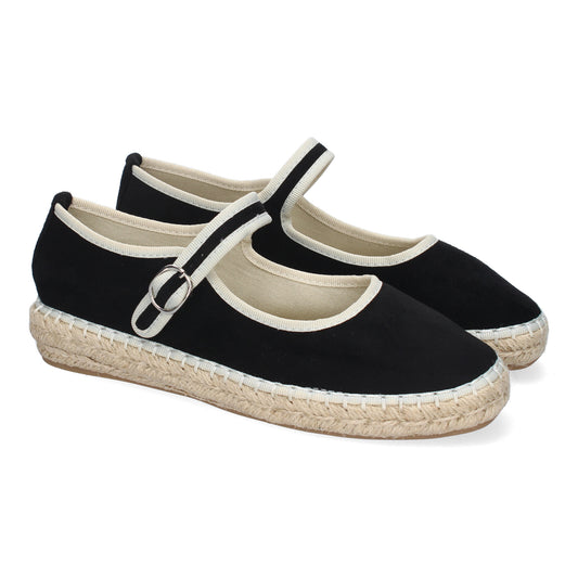 Bailarina alpargata negra de yute, punta redonda, cómoda y con cierre de hebilla.