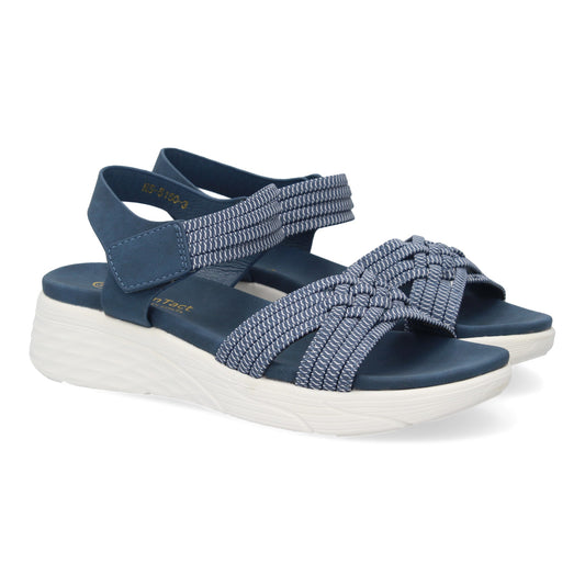 Sandalias planas azules de mujer, tiras elásticas trenzadas y cierre de velcro.