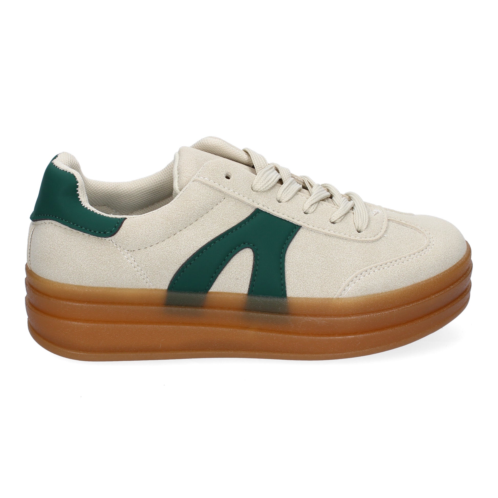 Zapatillas deportivas planas de mujer en color beige, cómodas para uso diario.