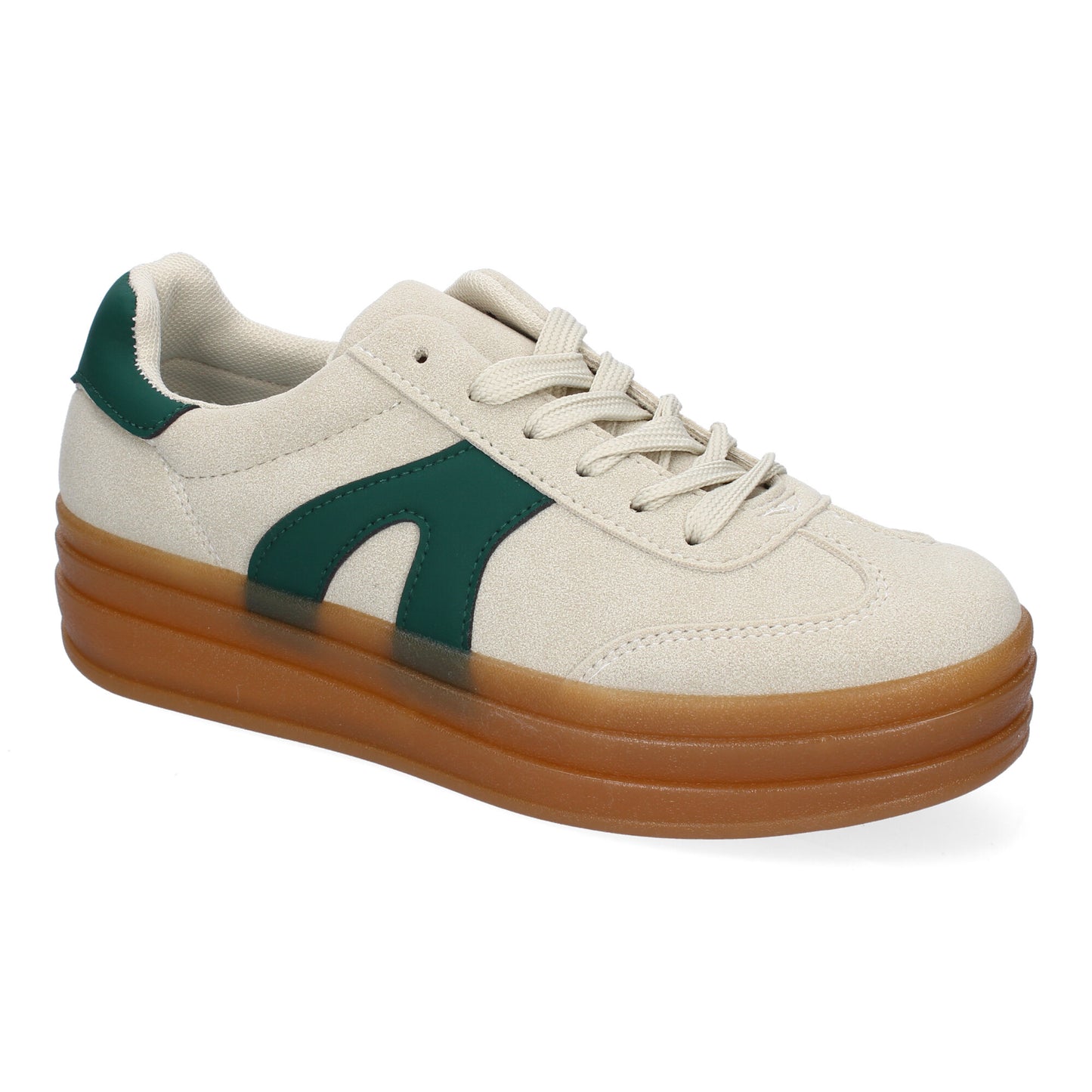 Zapatillas deportivas planas de mujer en color beige, cómodas para uso diario.