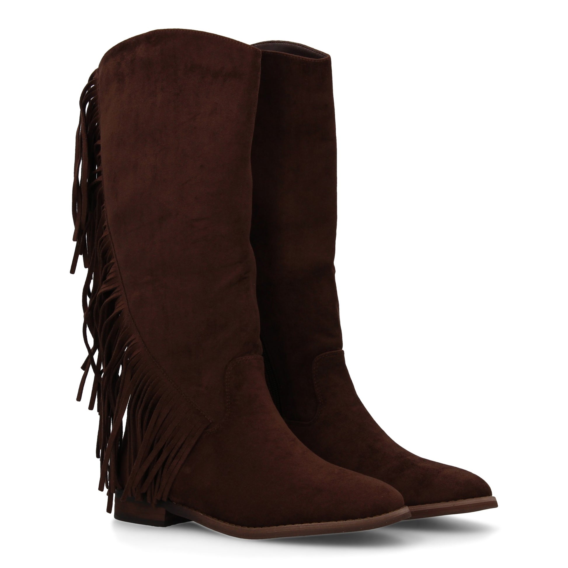Bota cowboy plana marrón de mujer con flecos, tacón plano y cierre de cremallera.