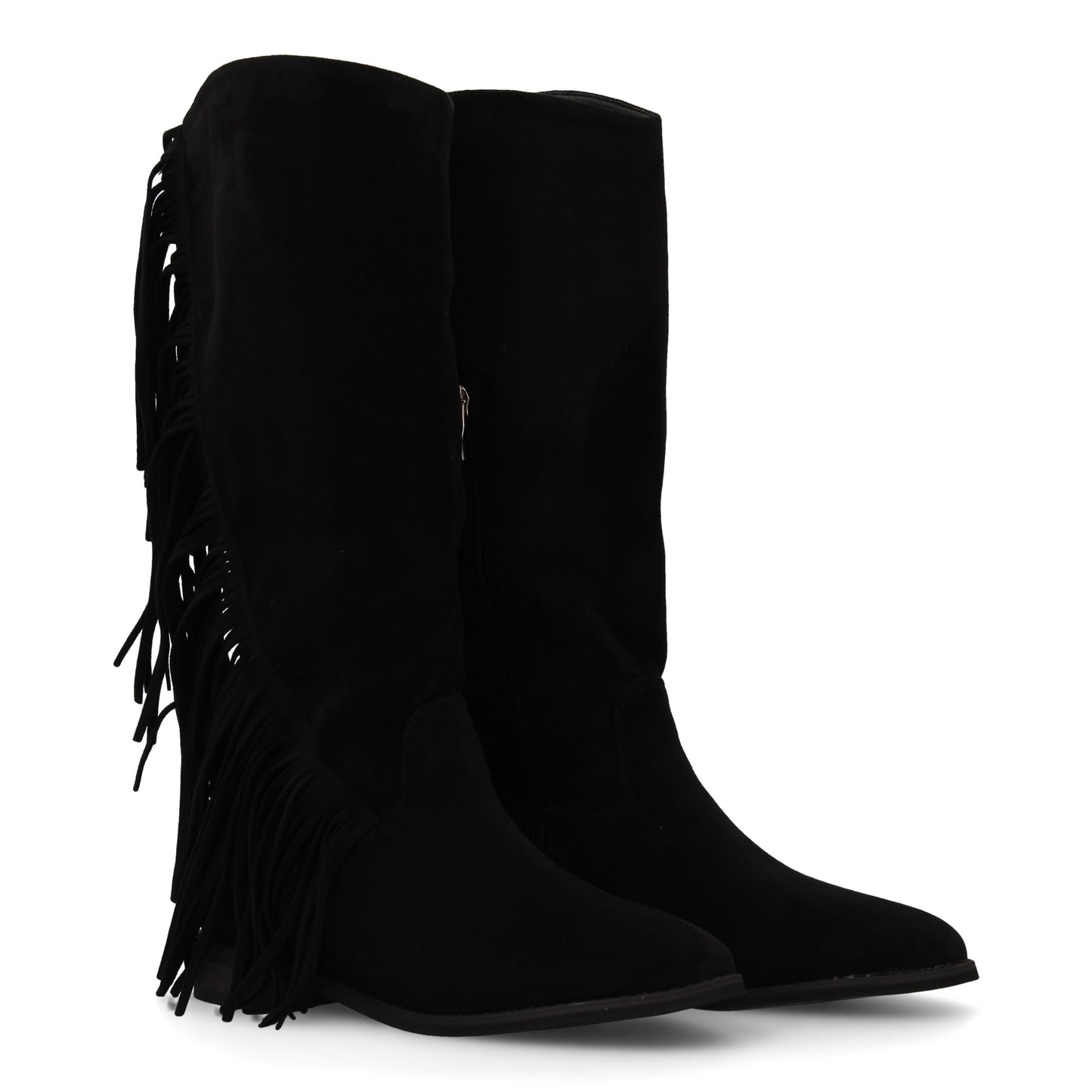 Bota cowboy plana negra de mujer con flecos, tacón plano y cierre de cremallera.