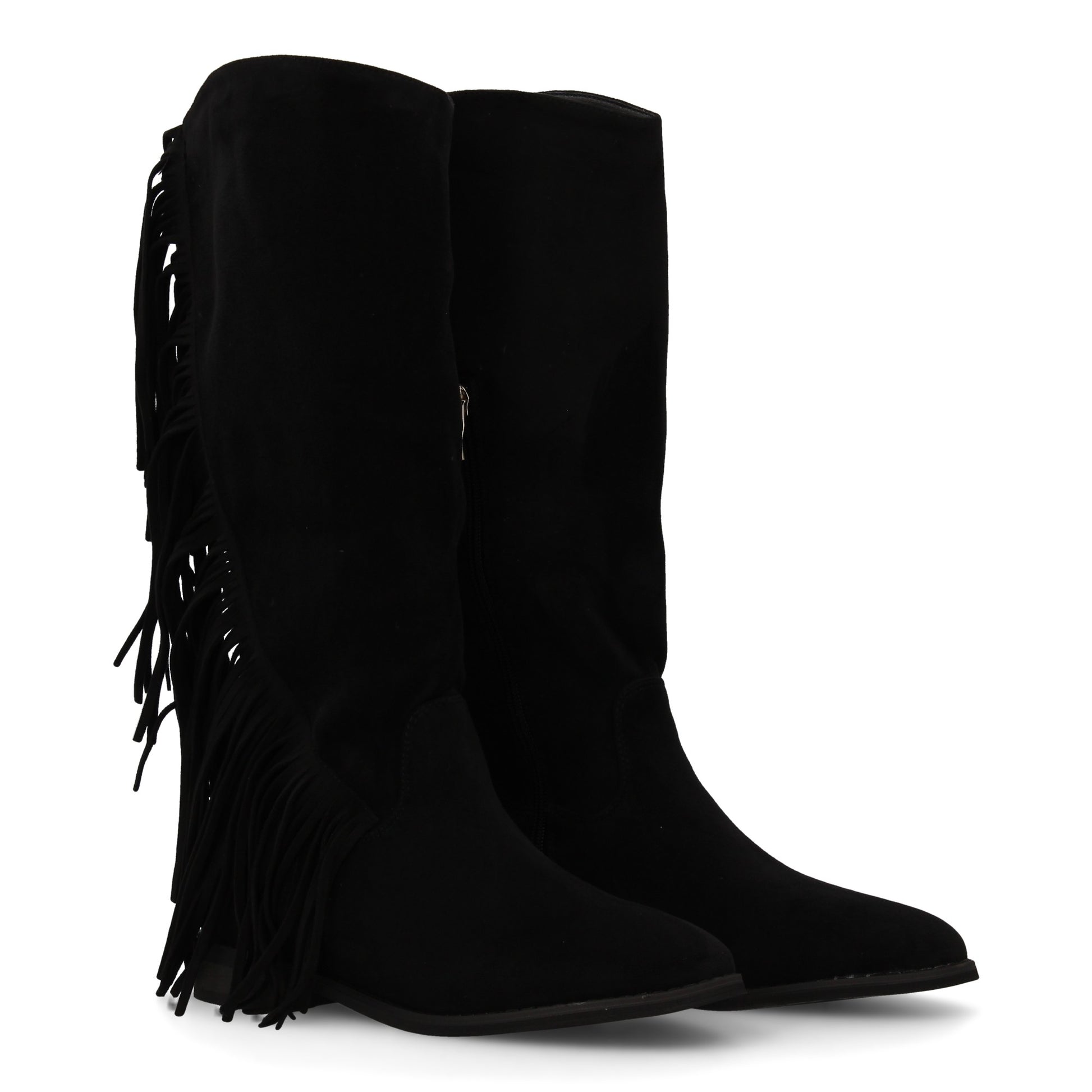 Bota cowboy plana negra de mujer con flecos, tacón plano y cierre de cremallera.