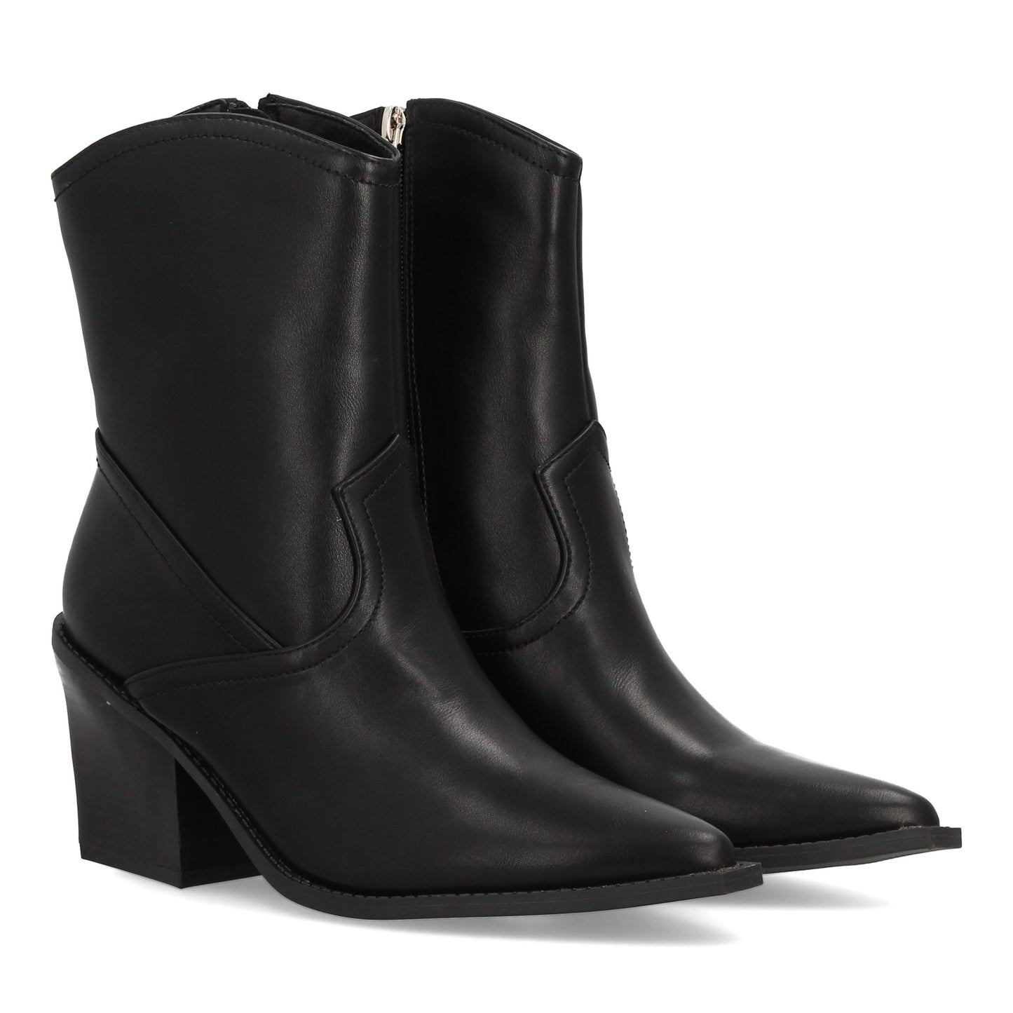 Bota cowboy negra minimalista, punta fina, tacón ancho cómodo y cierre de cremallera lateral.