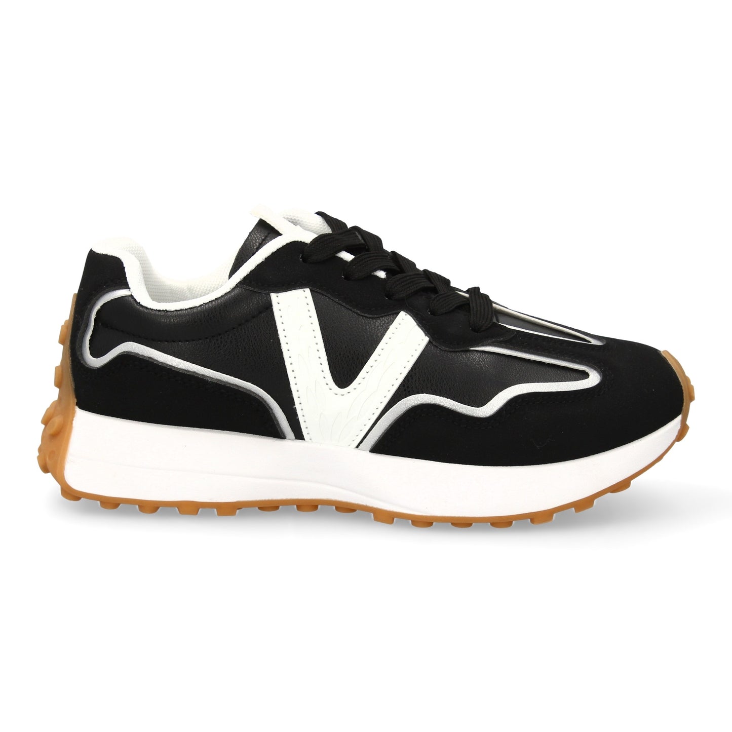 Zapatilla Deportiva Negra Mujer con Suela Dentada y Contraste