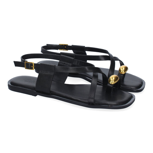 Sandalias planas negras de mujer, diseño elegante, con cierre de hebilla ajustable.