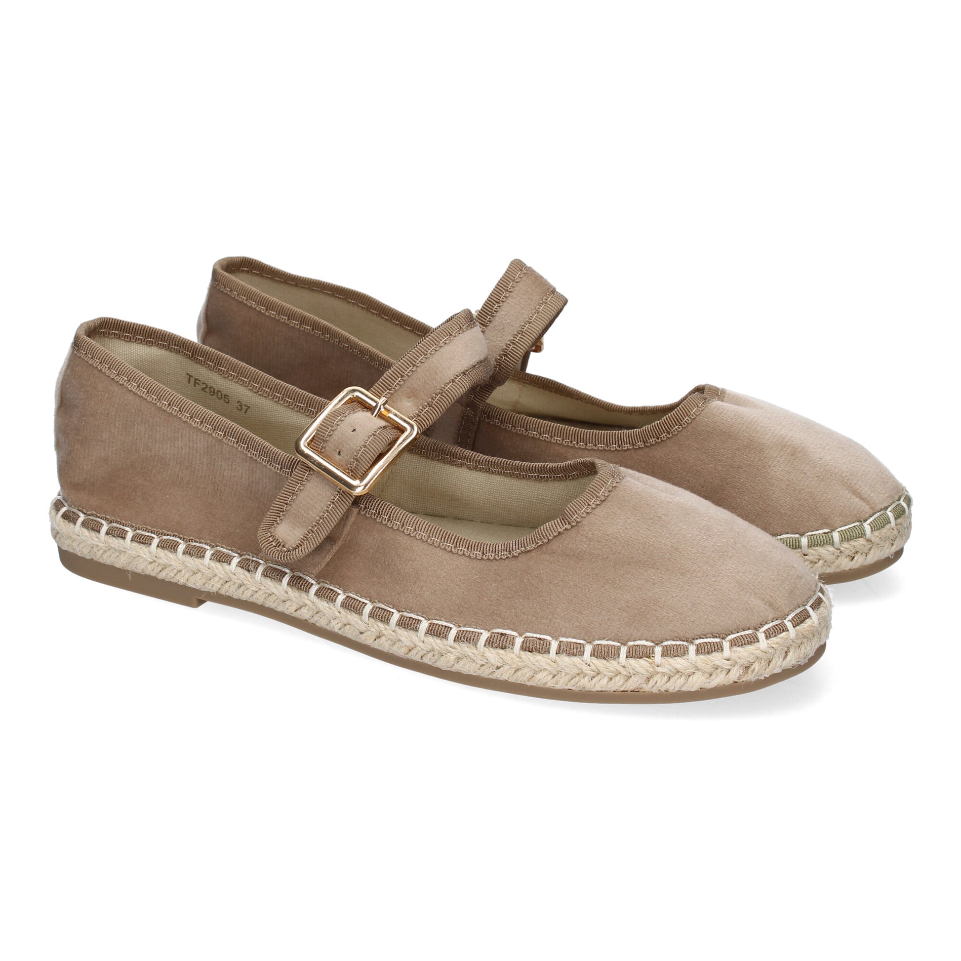 Bailarina alpargata kaki de yute, diseño moderno, cómoda y con cierre de hebilla ajustable.