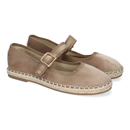 Bailarina alpargata kaki de yute, diseño moderno, cómoda y con cierre de hebilla ajustable.