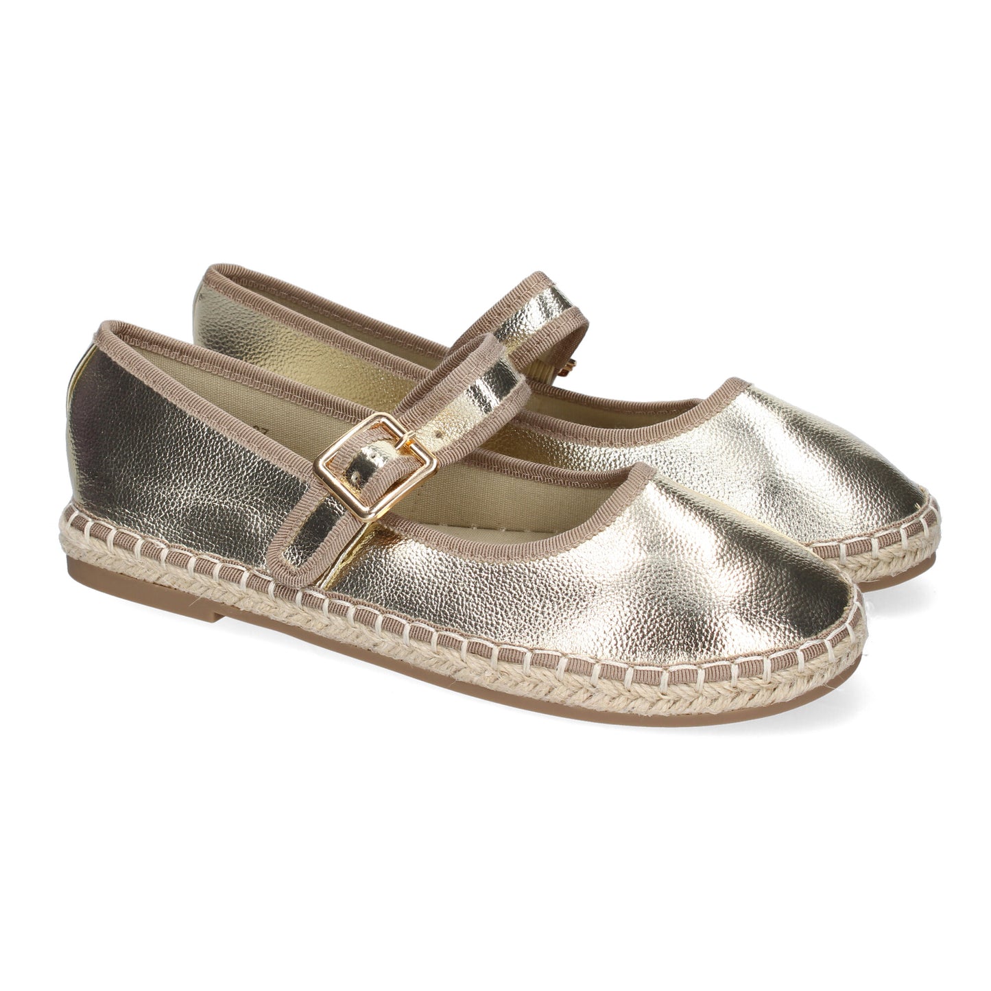 Bailarina alpargata color oro de yute, diseño moderno, cómoda y con cierre de hebilla.