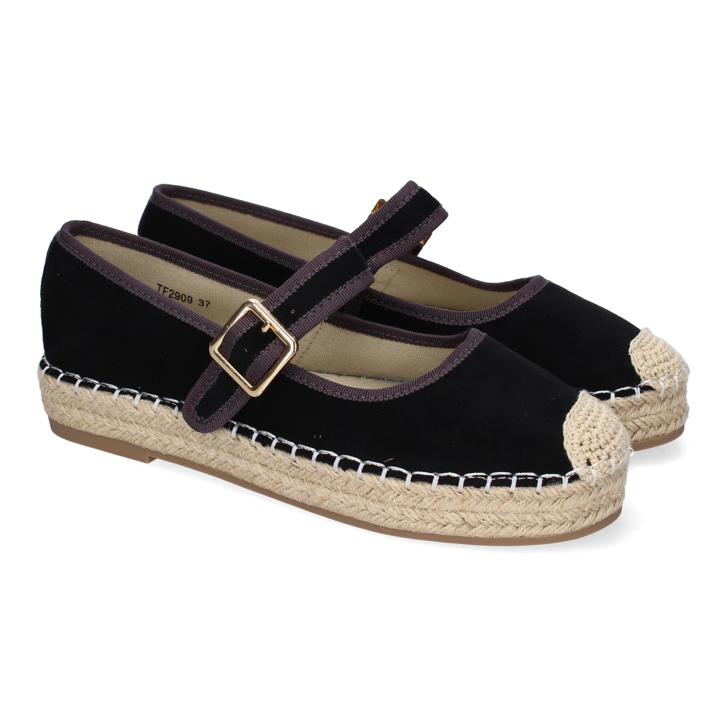 Bailarina alpargata negra de yute, puntera bordada, diseño moderno y cierre de hebilla.