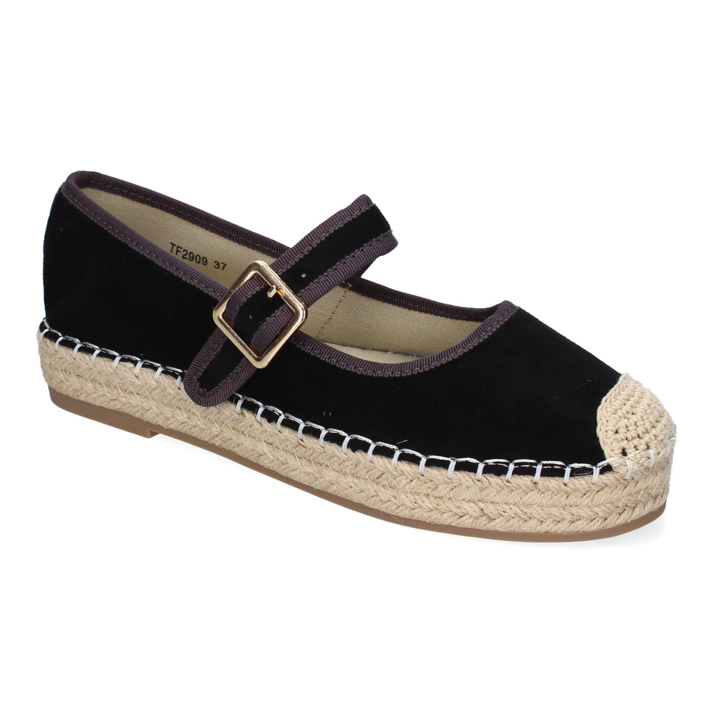 Bailarina Alpargata Negra Yute con Puntera Bordada y Hebilla