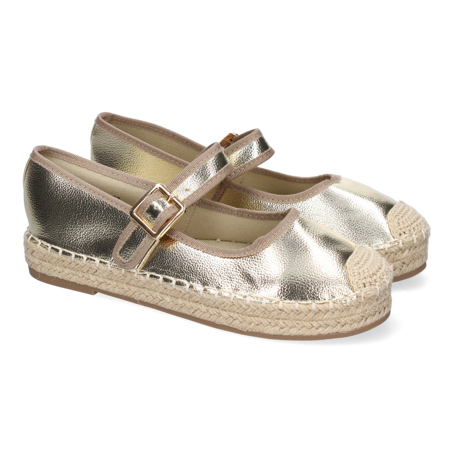 Bailarina alpargata color oro de yute, puntera bordada, diseño moderno y cierre de hebilla.