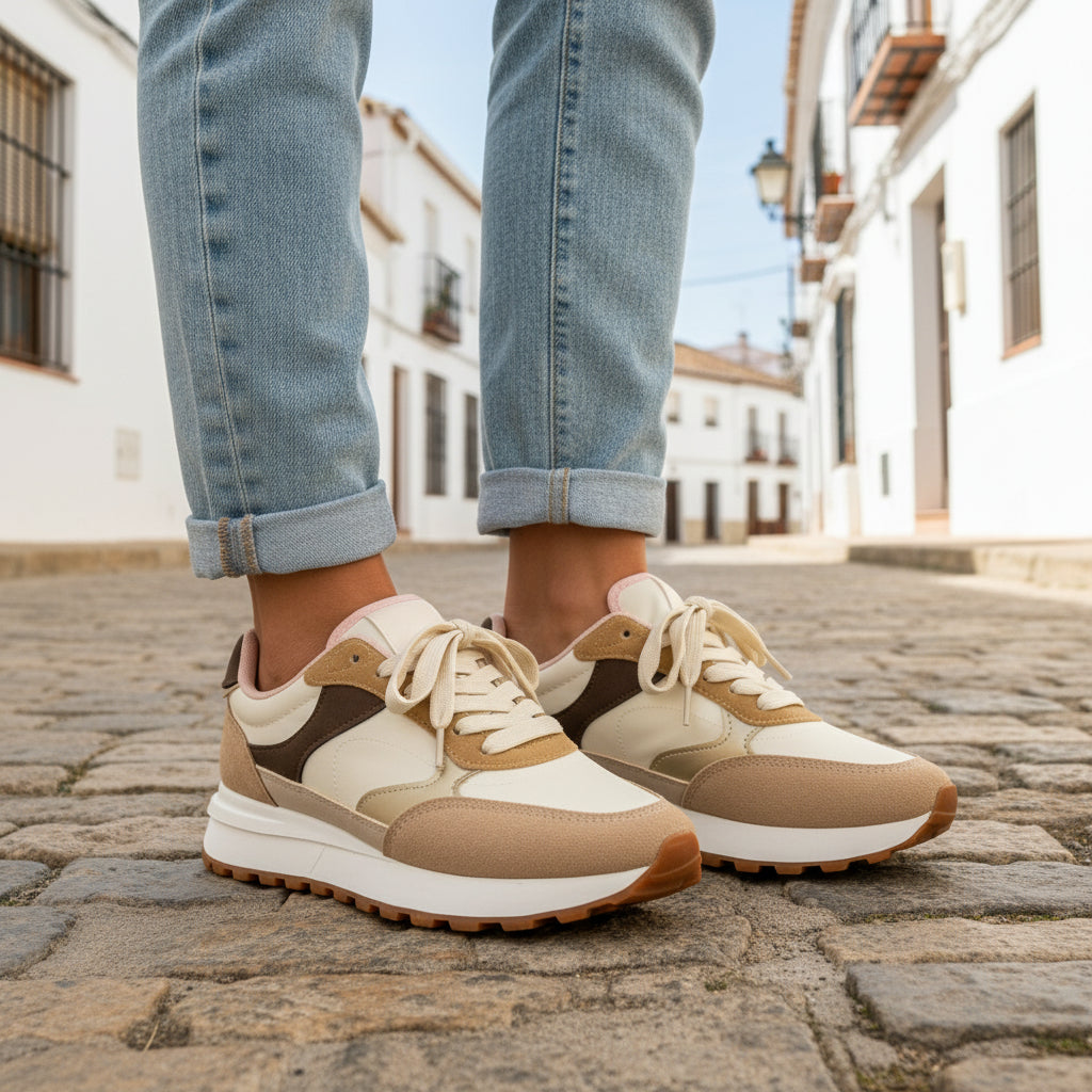 Zapatilla sneaker urbana de mujer plana en color camel, con cordones.