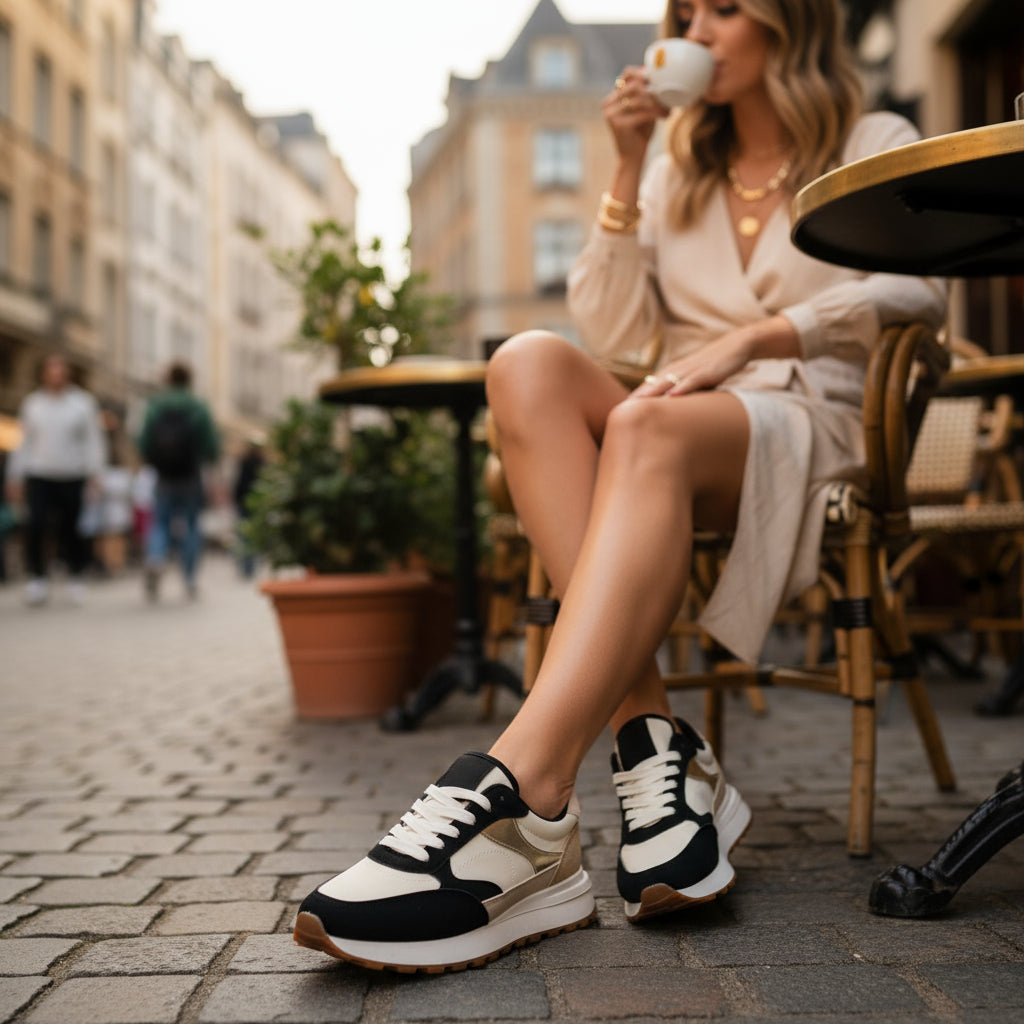 Zapatilla sneaker urbana de mujer plana en color negro, con cordones.