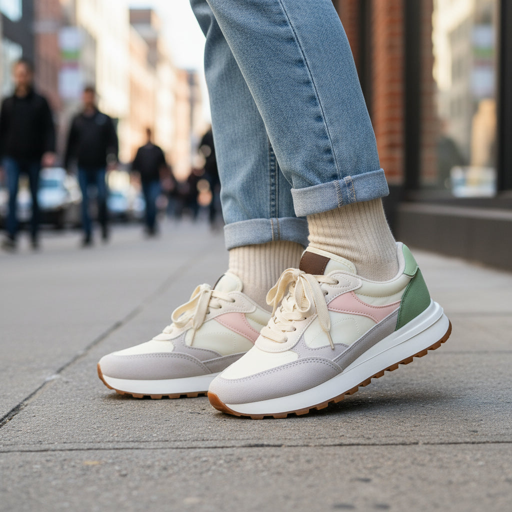 Zapatilla sneaker urbana de mujer plana en color rosa pastel, con cordones.