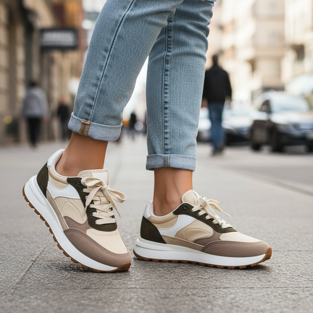 Zapatilla sneaker urbana de mujer plana en color verde oscuro, con cordones.