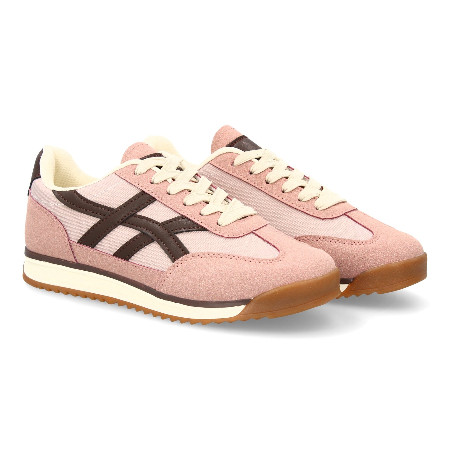 Zapatilla plana rosa estilo retro con cordones y contraste lateral, zapatilla cómoda para el día a día.