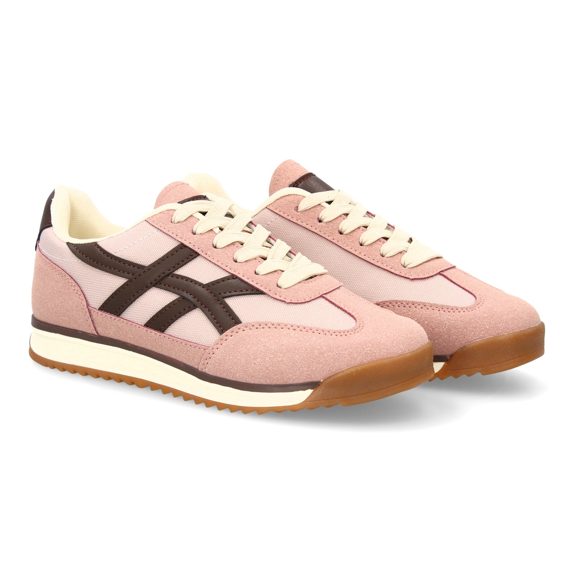 Zapatilla plana rosa estilo retro con cordones y contraste lateral, zapatilla cómoda para el día a día.