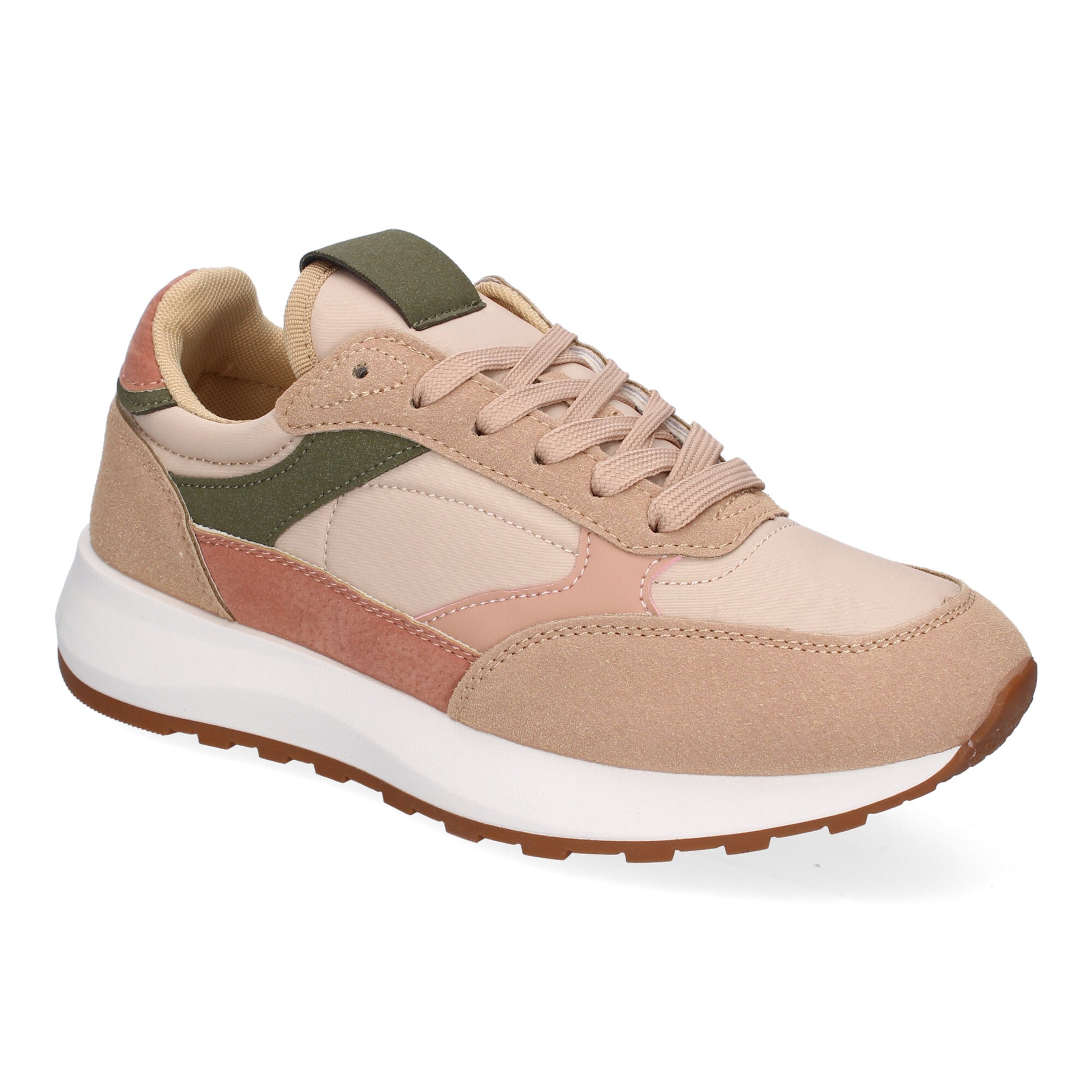 Zapatillas planas deportivas de mujer en color rosa con puntera redonda y cordoneras.
