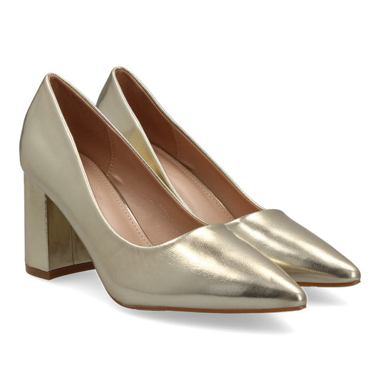 Zapato de tacón estilo salón para mujer color oro, cómodo, con punta fina.