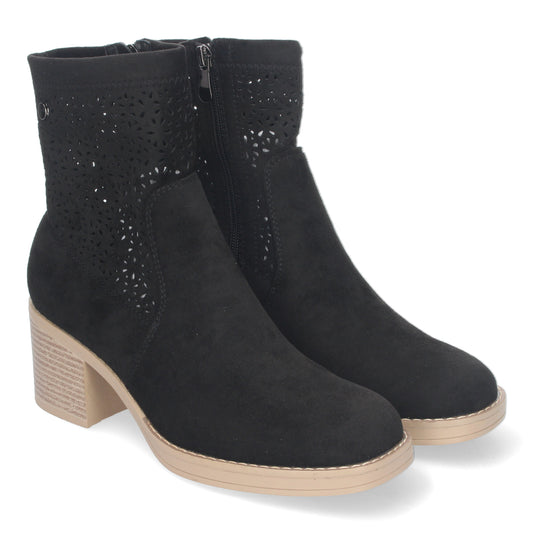 Botines de Mujer Primavera Verano de color Negro con Tacón Ancho Diseño Perforado con Cremallera Lateral Ideal para Cualquier Ocasión