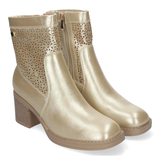 Botines de Mujer Primavera Verano Elegantes y Cómodos de Color Oro con Tacón Ancho Diseño Perforado con Cremallera Lateral