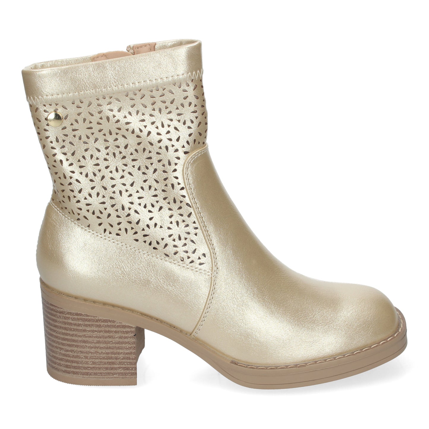 Botines de Mujer Primavera Verano Elegantes y Cómodos de Color Oro con Tacón Ancho Diseño Perforado con Cremallera Lateral