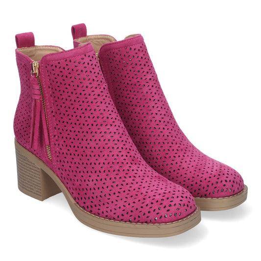 Botines de Mujer Primavera Verano Elegantes y Cómodos de color Fucsia con Tacón Ancho Diseño Perforado con Doble Cremallera Lateral con Fleco Ideal para Cualquier Ocasión