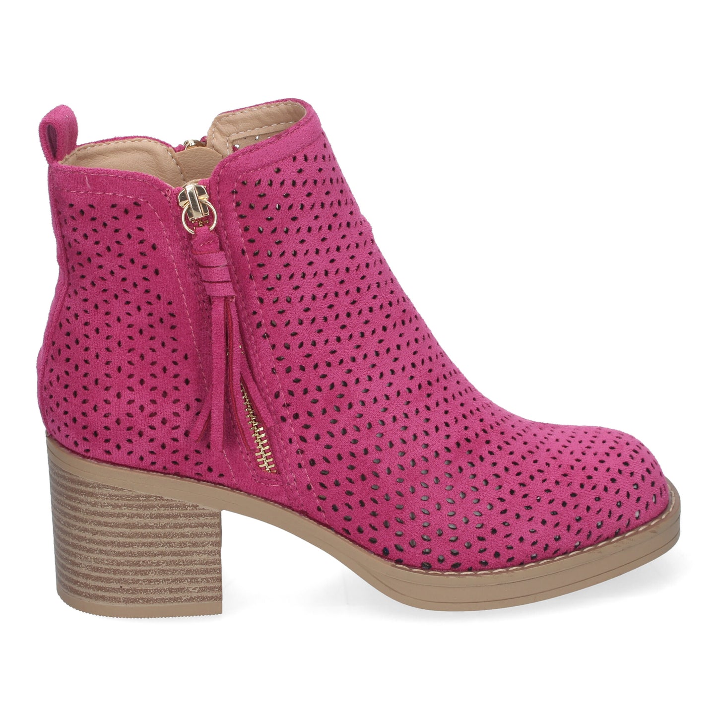 Botines de Mujer Primavera Verano Elegantes y Cómodos de color Fucsia con Tacón Ancho Diseño Perforado con Doble Cremallera Lateral con Fleco Ideal para Cualquier Ocasión