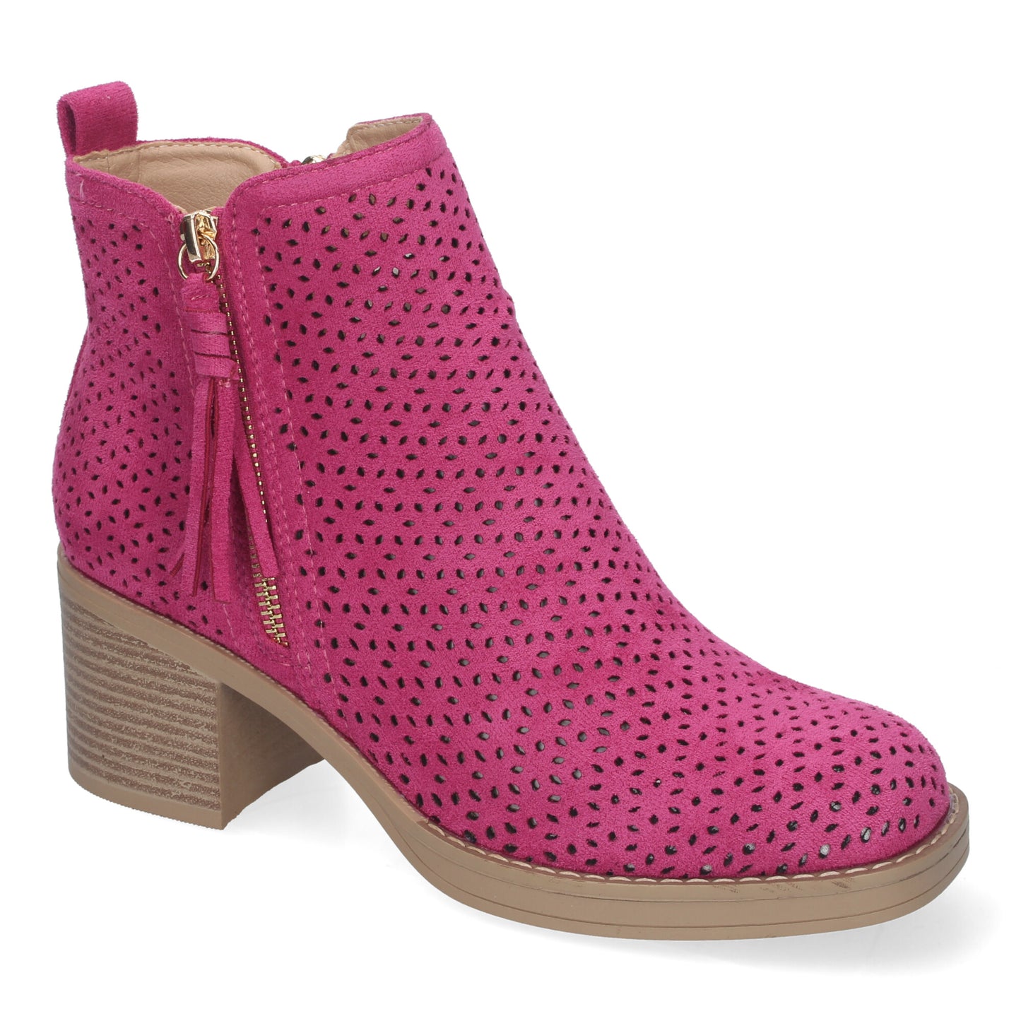Botines de Mujer Primavera Verano Elegantes y Cómodos de color Fucsia con Tacón Ancho Diseño Perforado con Doble Cremallera Lateral con Fleco Ideal para Cualquier Ocasión