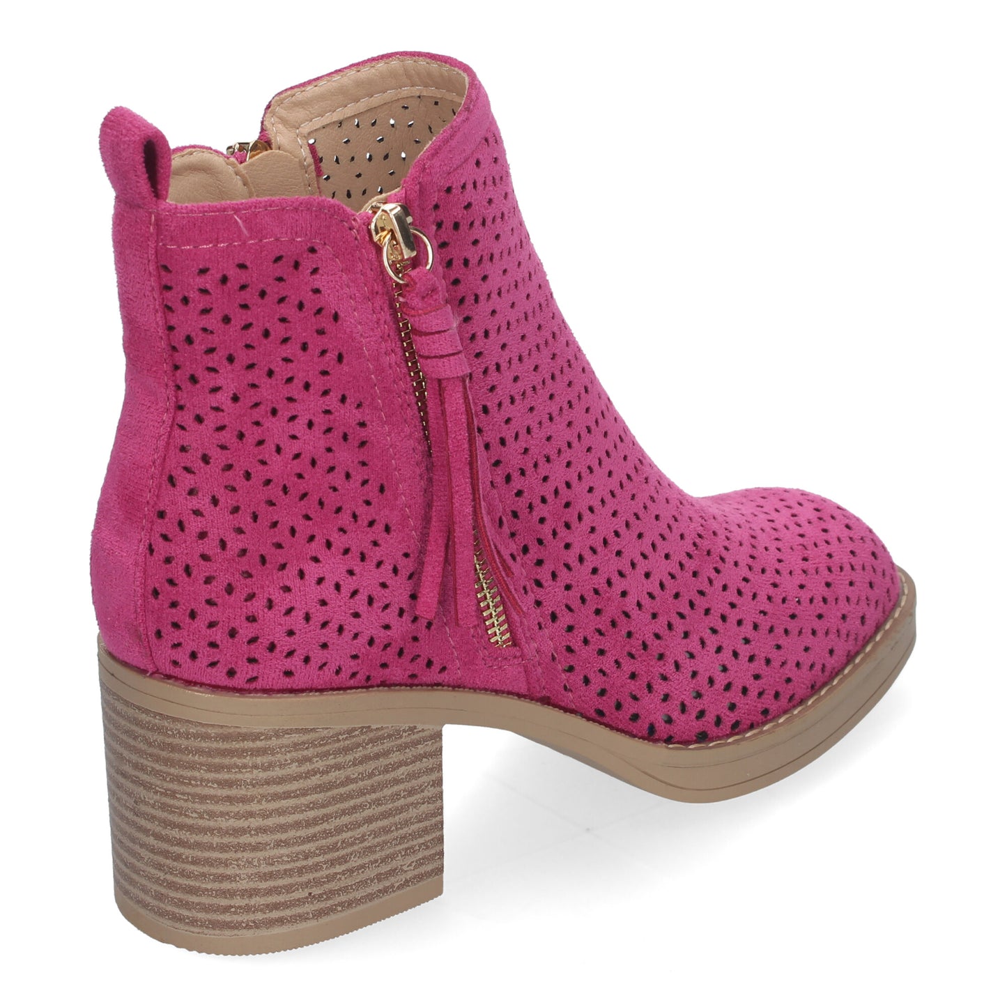 Botines de Mujer Primavera Verano Elegantes y Cómodos de color Fucsia con Tacón Ancho Diseño Perforado con Doble Cremallera Lateral con Fleco Ideal para Cualquier Ocasión