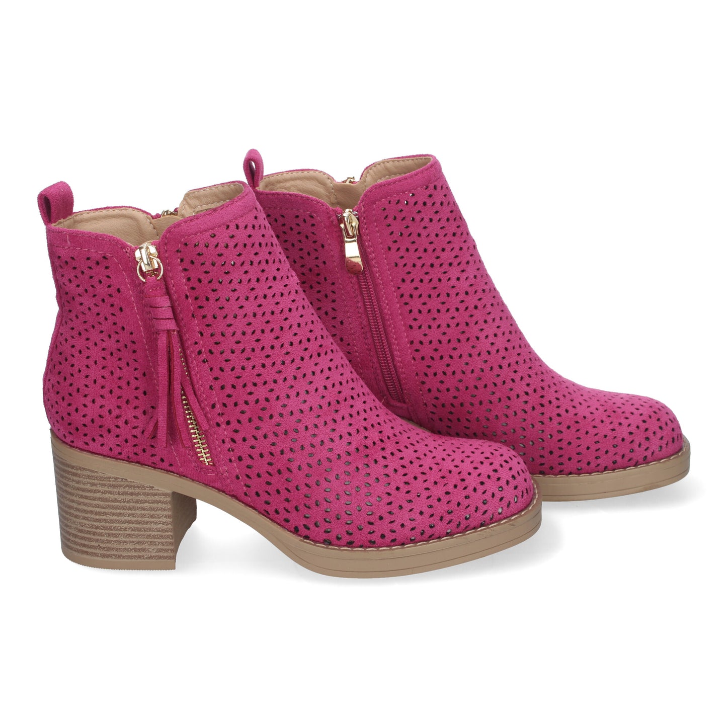 Botines de Mujer Primavera Verano Elegantes y Cómodos de color Fucsia con Tacón Ancho Diseño Perforado con Doble Cremallera Lateral con Fleco Ideal para Cualquier Ocasión