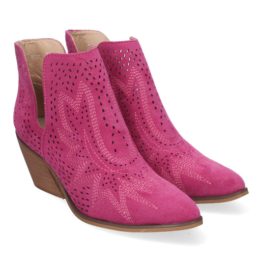 Botines de Tacón Campero para Mujer Primavera Verano Elegantes y Cómodos Diseño Perforado con Estampado en la pala color Fucsia