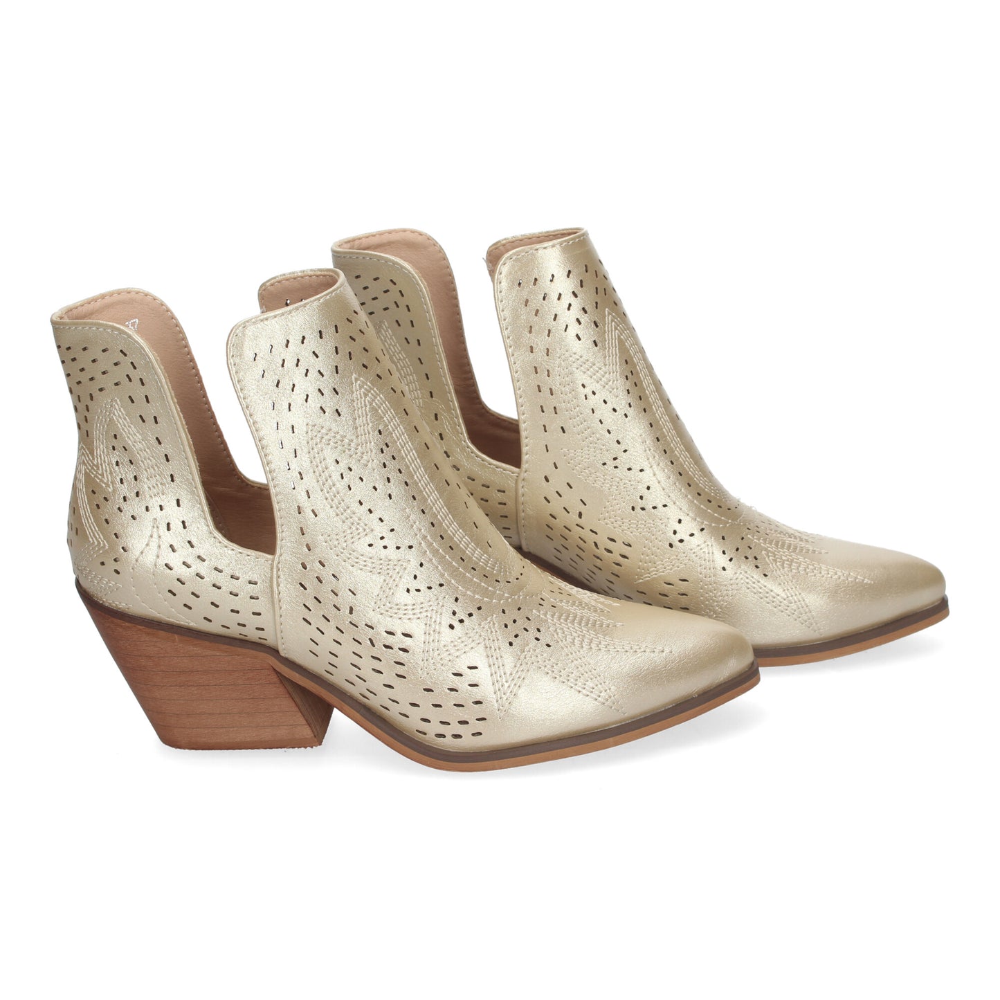Botines de Tacón Campero para Mujer Primavera Verano Diseño Perforado con Estampado color Oro