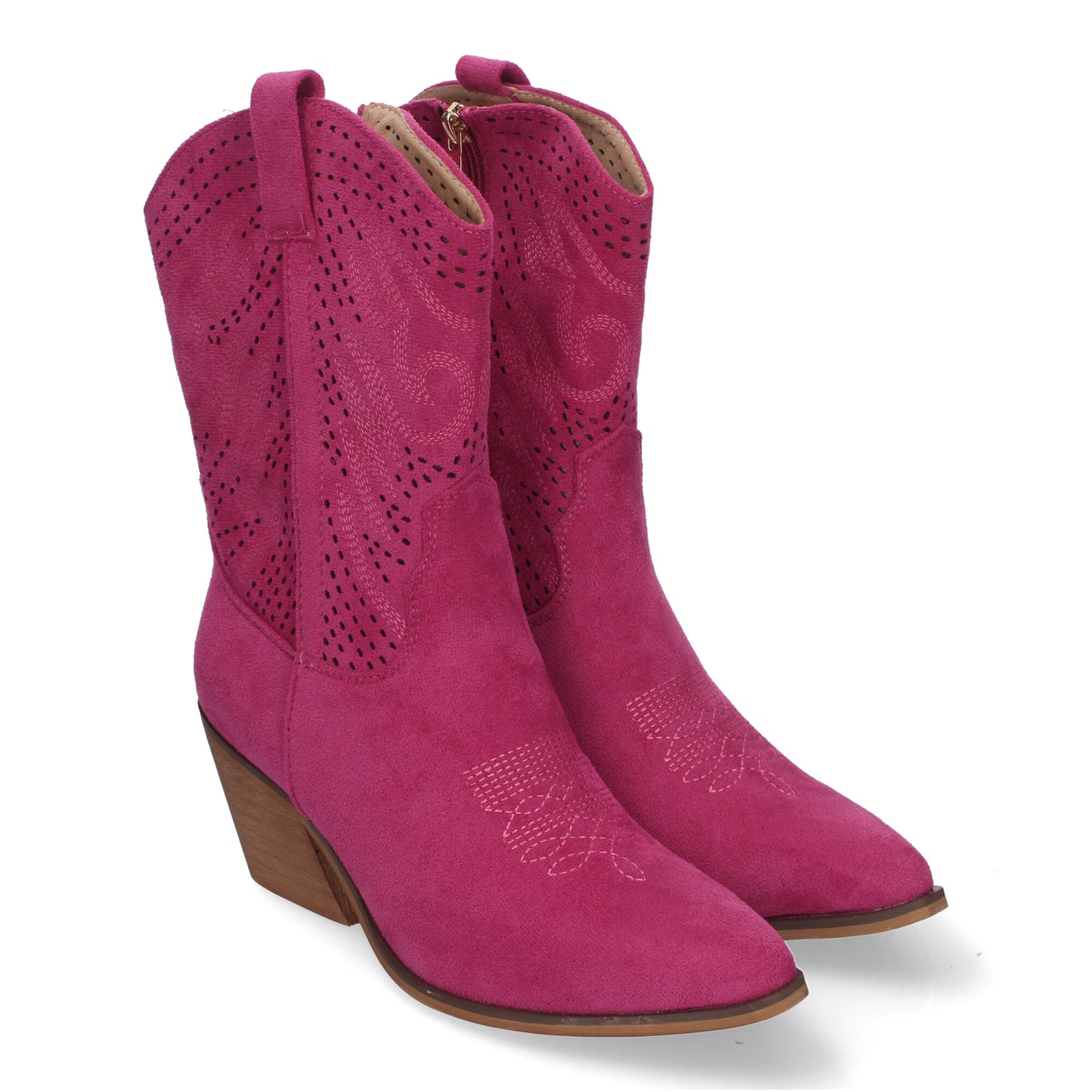 Botín de Tacón Campero para Mujer Estilo Vaquero Elegantes con Bordados en Pala y Caña Punta Afilada y Práctico color Fucsia