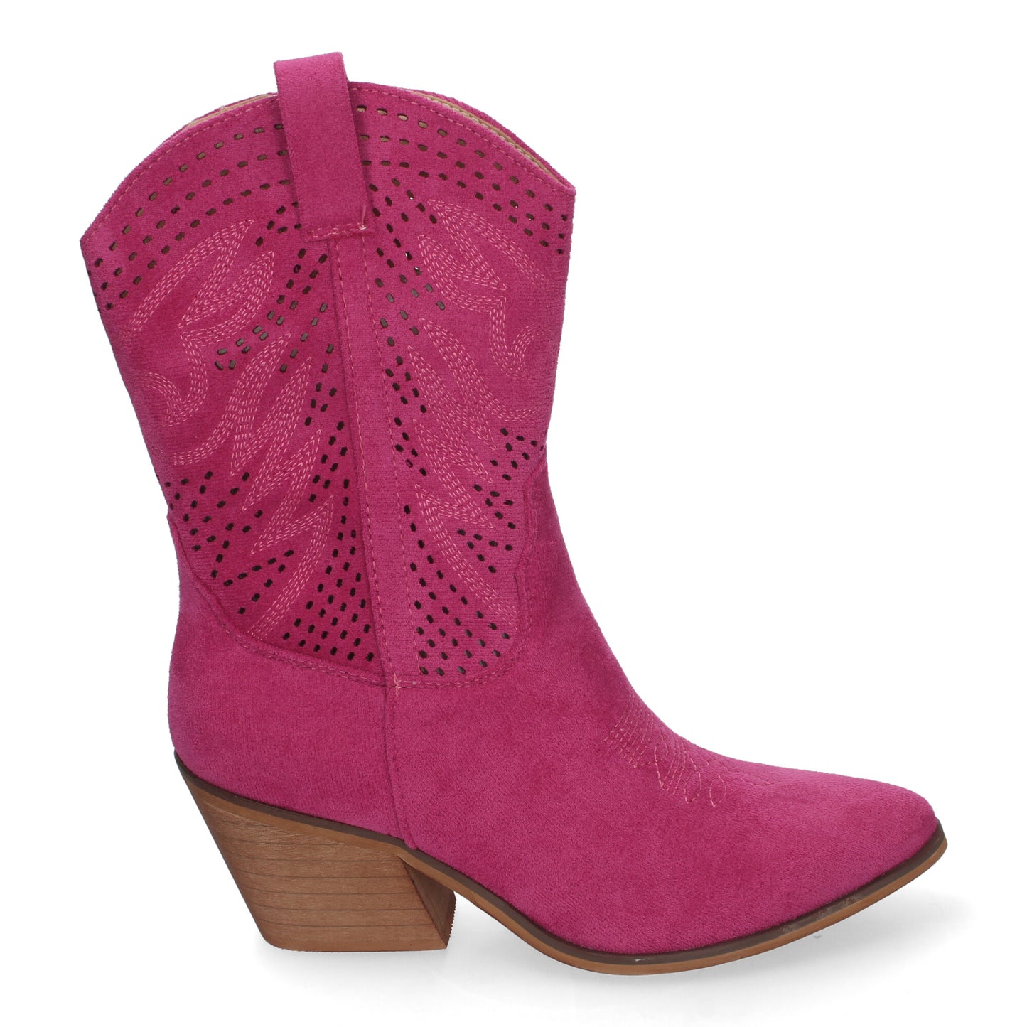 Botín de Tacón Campero para Mujer Estilo Vaquero Elegantes con Bordados en Pala y Caña Punta Afilada y Práctico color Fucsia