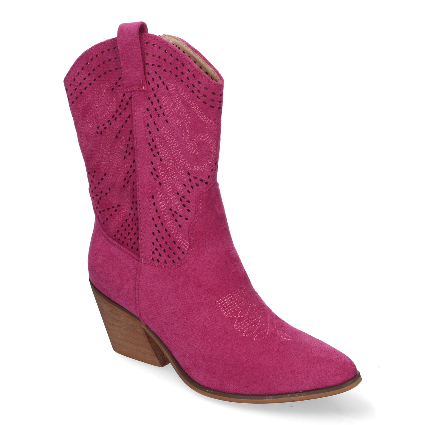 Botín de Tacón Campero para Mujer Estilo Vaquero Elegantes con Bordados en Pala y Caña Punta Afilada y Práctico color Fucsia