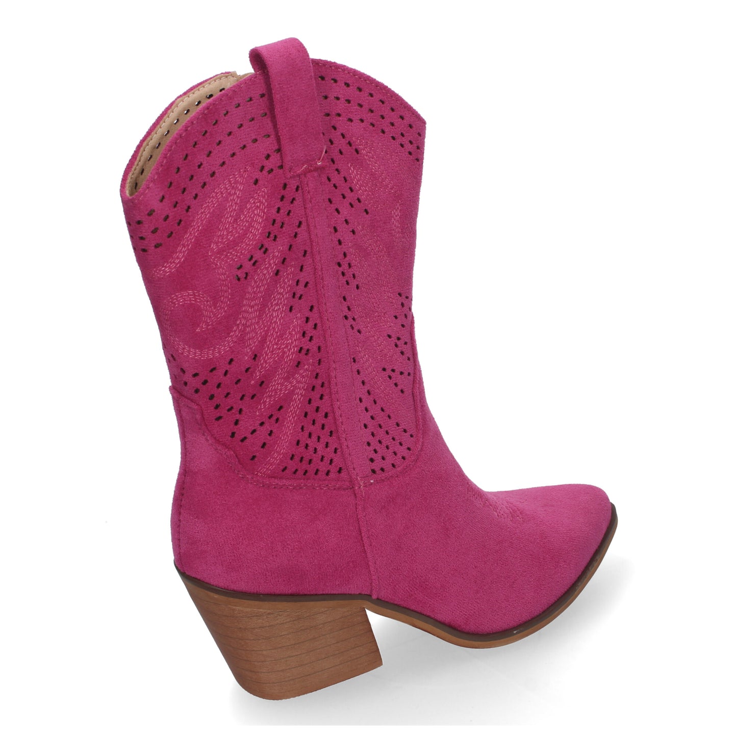 Botín de Tacón Campero para Mujer Estilo Vaquero Elegantes con Bordados en Pala y Caña Punta Afilada y Práctico color Fucsia