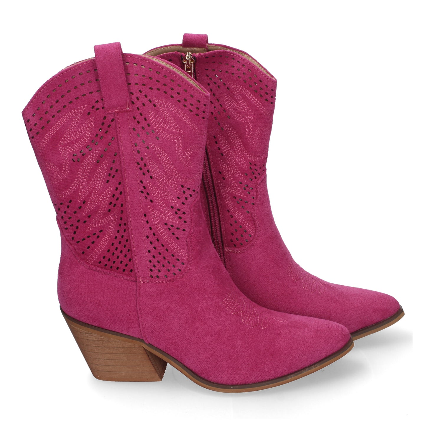 Botín de Tacón Campero para Mujer Estilo Vaquero Elegantes con Bordados en Pala y Caña Punta Afilada y Práctico color Fucsia
