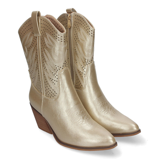 Botín de Tacón Campero para Mujer Estilo Vaquero Elegantes con Bordados en Pala y Caña Punta Afilada y Práctico Cierre Lateral de Cremallera color Oro