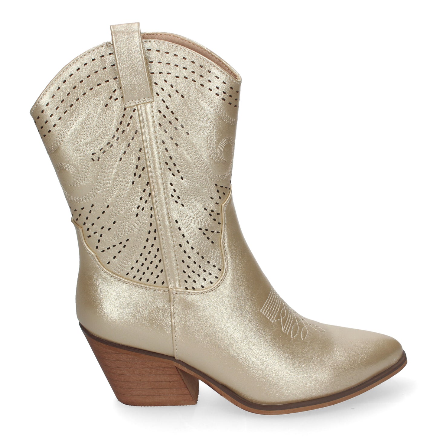 Botín de Tacón Campero para Mujer Estilo Vaquero Elegantes con Bordados en Pala y Caña Punta Afilada y Práctico Cierre Lateral de Cremallera color Oro