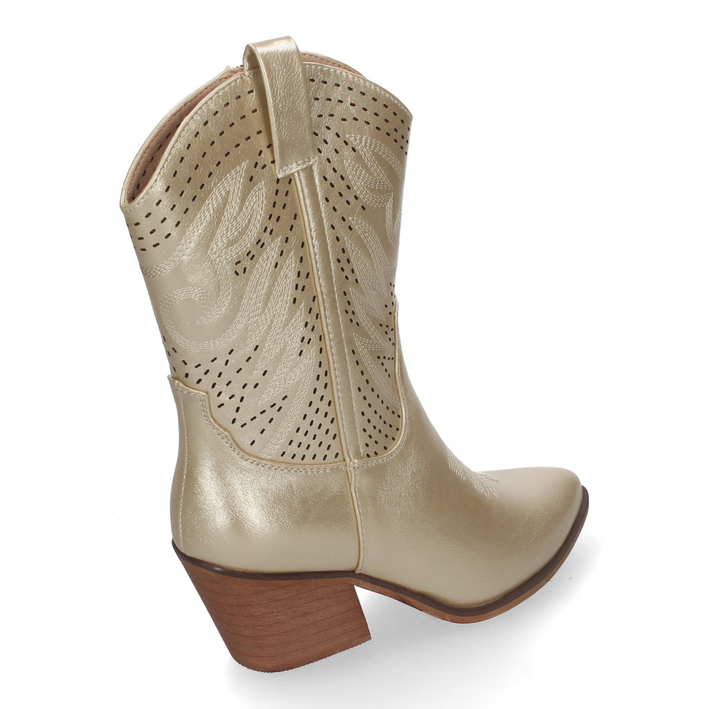 Botín de Tacón Campero para Mujer Estilo Vaquero Elegantes con Bordados en Pala y Caña Punta Afilada y Práctico Cierre Lateral de Cremallera color Oro